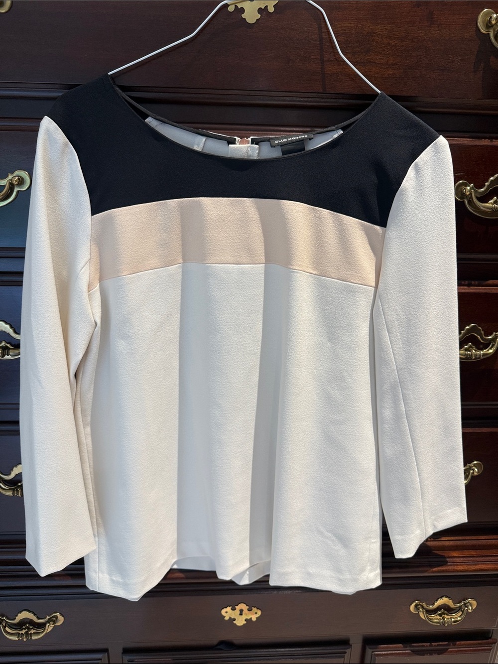 Club Monaco Black, Cream and Beige Colorblock Long Sleeve Top